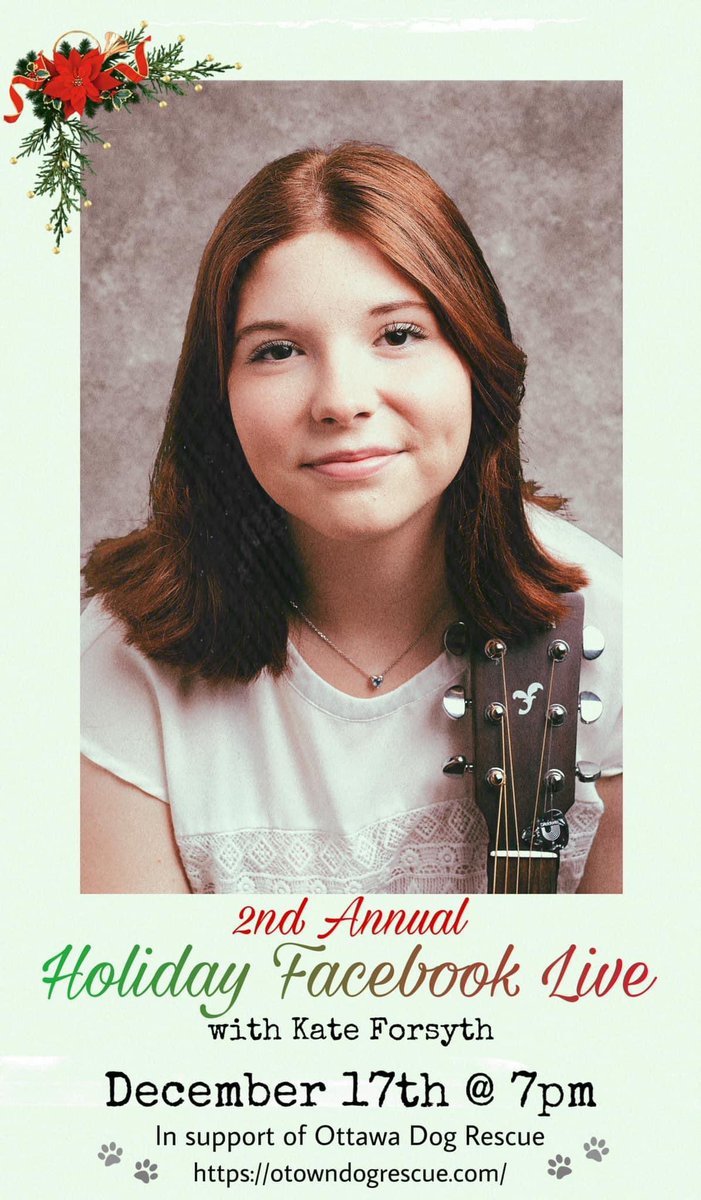 Please join Kate Forsyth next Friday evening for her 2nd Annual Facebook Live!  
This year, she is supporting <a href="/OttawaDogRescue/">Ottawa Dog Rescue</a> 
IG: Kate_.Forsyth 
facebook.com/kate.forsyth.3…