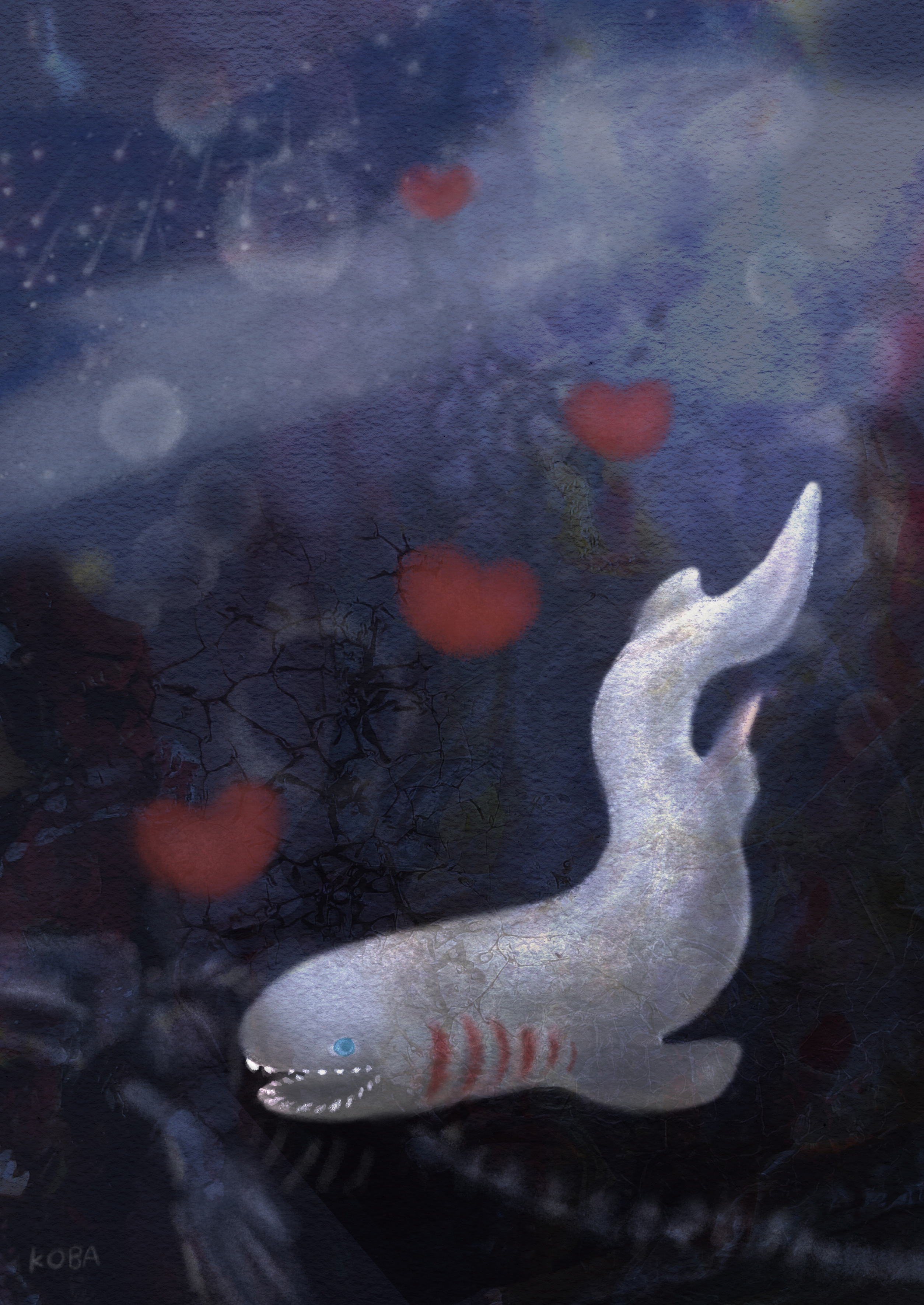 こばやしまりこ ラブカ 古代のサメ ジンベイザメもいます 深海は光も届かず植物は育ちませんが 鯨の死体などを深海魚たちが食べているそう 絵 イラスト オリジナルイラスト 創作 深海 アート ラブカ サメ 白亜紀 古代魚 愛 Art