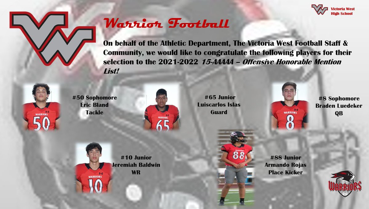 courtney_boyce's tweet photo. Congratulations, Div I, 15-5A 2nd Team &amp; H-M All District!  The Victoria West family is excited and proud of you all.  Your coaches appreciate your dedication and your commitment to excellence on and off the field.  Best of luck Seniors!  @VictoriaWestHS @VictoriaISD https://t.co/K9NsmEP7g5
