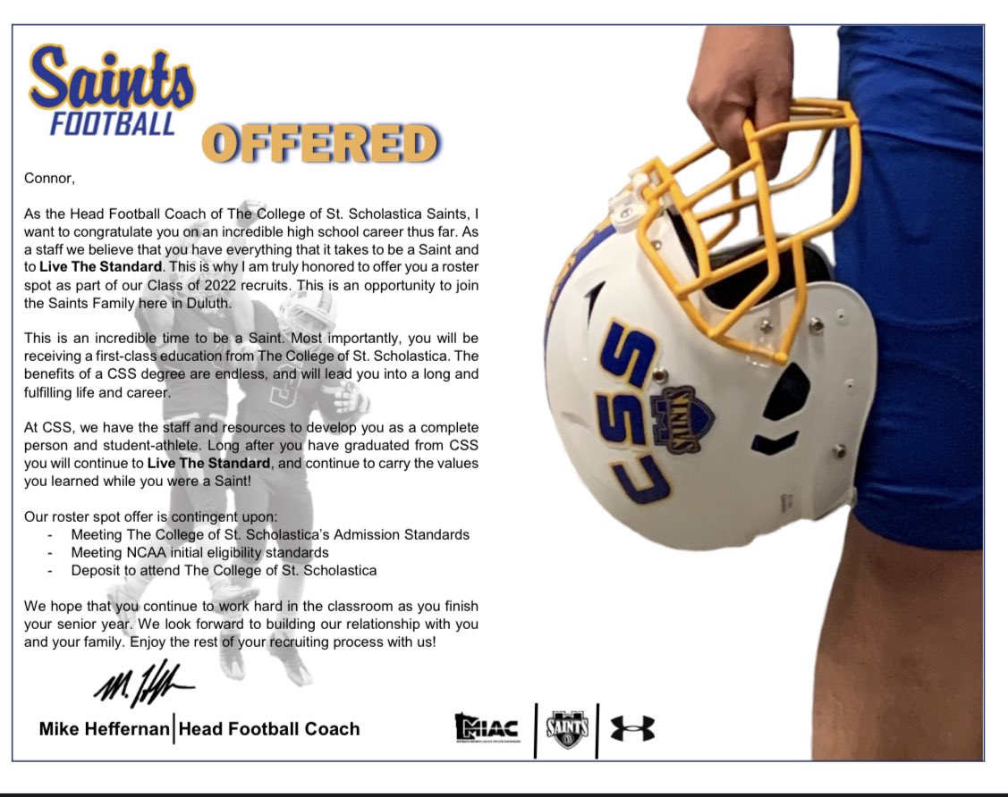 ConnorBesky's tweet photo. Traveled up to Duluth and met with an excellent coaching staff and some awesome players. Beautiful campus and great academic programs. Thrilled to have been offered a spot on the roster! Go Saints!!🏈 @Coach_Heffernan @CSSSaintsFB @Coach_Tolly @OliverJamesWes1 https://t.co/HX90w5KWCg