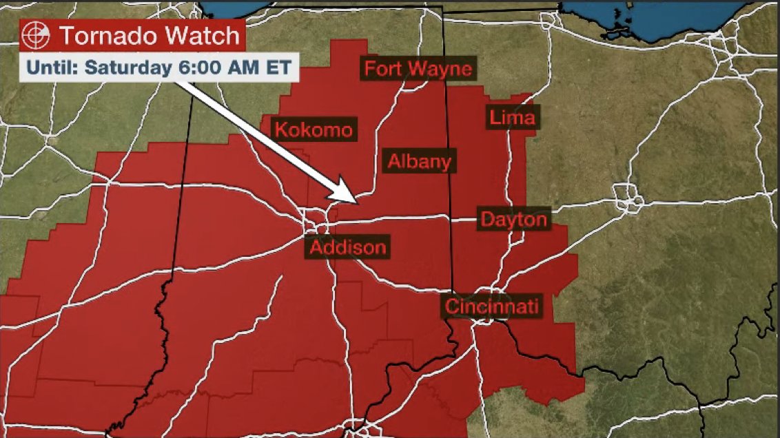 NEW A tornado watch has been issued for portions of eastern Indiana