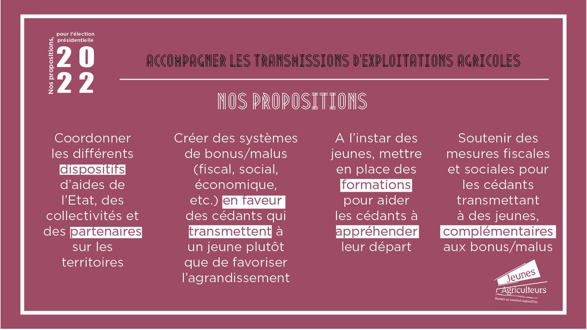 Une politique forte à l’installation et la transmission pour assurer notre souveraineté alimentaire"
Quatrième axe proposé par JA : Accompagner les transmissions d’exploitations
Nos propositions 👇