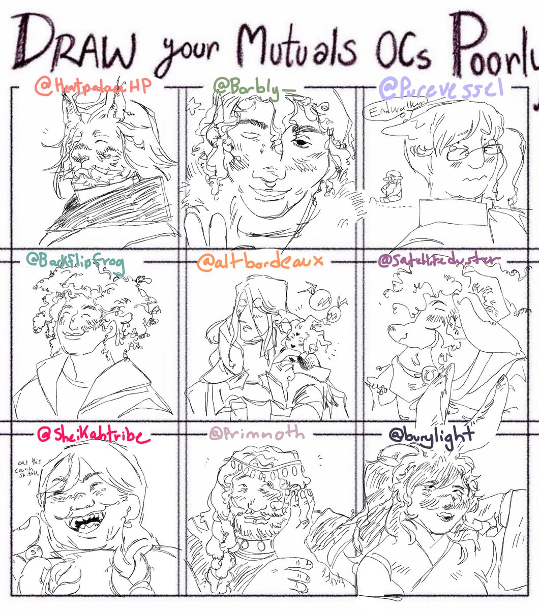 ack ack might color these in later because it was fun but thank you mutuals for letting me draw yer ocs hope you enjoy seeing that i draw with my head turned sideways auahcha 