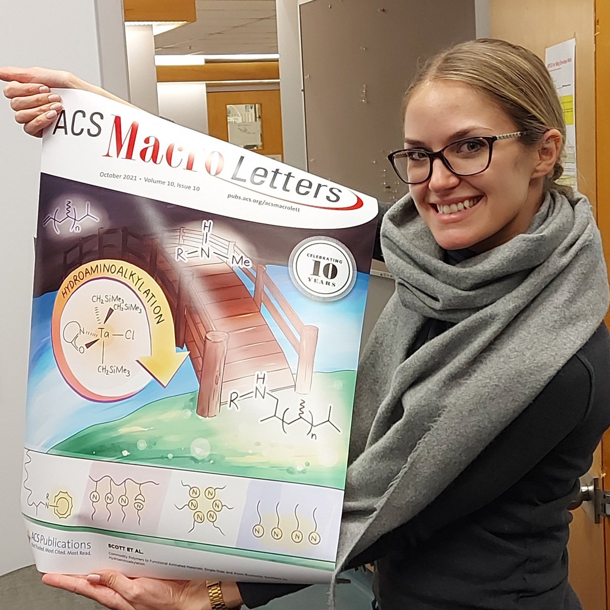 And it's a COVER <a href="/UBCChem/">UBC Chemistry</a>!! @sabselscott celebrates her first, first author paper, bringing polyolefins to life by catalytic amination. Thanks to <a href="/ACSMacroLett/">ACS Macro Letters</a> for the great poster for our first paper on postpolymerization modification by hydroaminoalkylation! #WomenInSTEM
