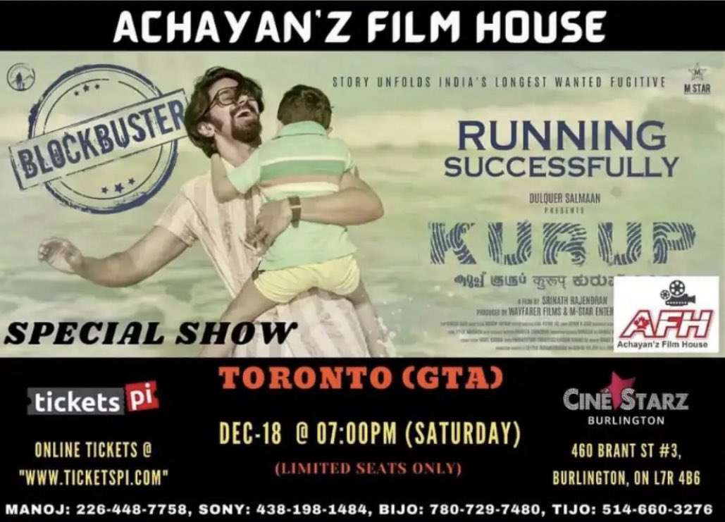 TeamDQOP's tweet photo. #Kurup Special show at Cine Starz Burlington , Canada on this dec -18th at 7pm . Book your tickets Now !!!
Achayanz Film house 👌💥
@dulQuer #DulquerSalmaan #BlockbusterKurup #KurupMagnificentBB @KurupMovie @srinatkp @Indrajith_S https://t.co/NArE9vwBia