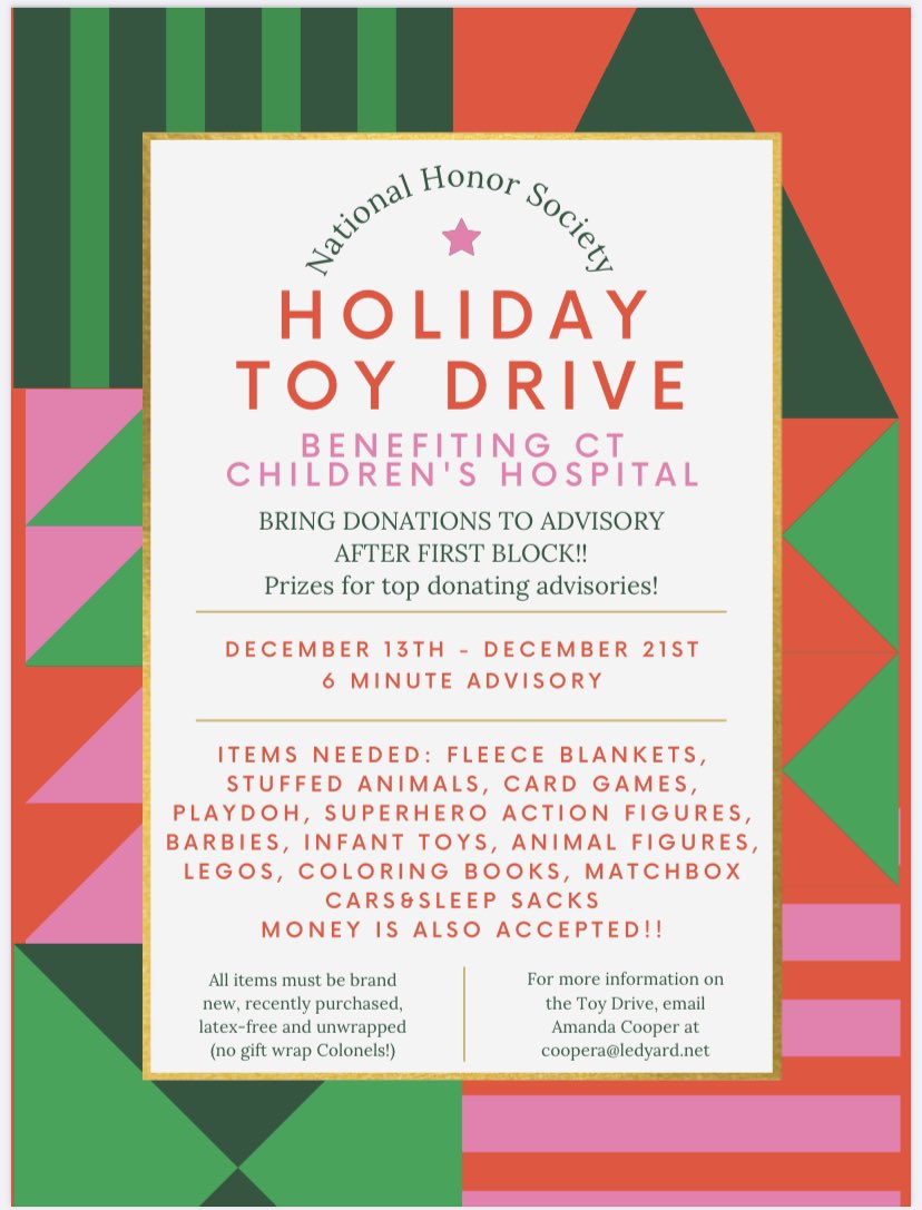 Starting next Monday LHS will be having our toy drive!! The top donating advisories, by Friday (12/21), will be receiving prizes🎁💝Don’t miss out and remember to donate (if able)!!