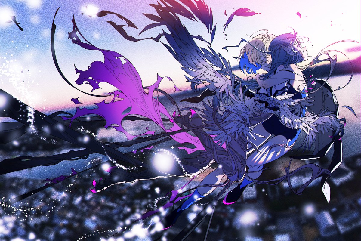 selen tatsuki head wings 1girl wings solo blue hair black footwear purple wings  illustration images