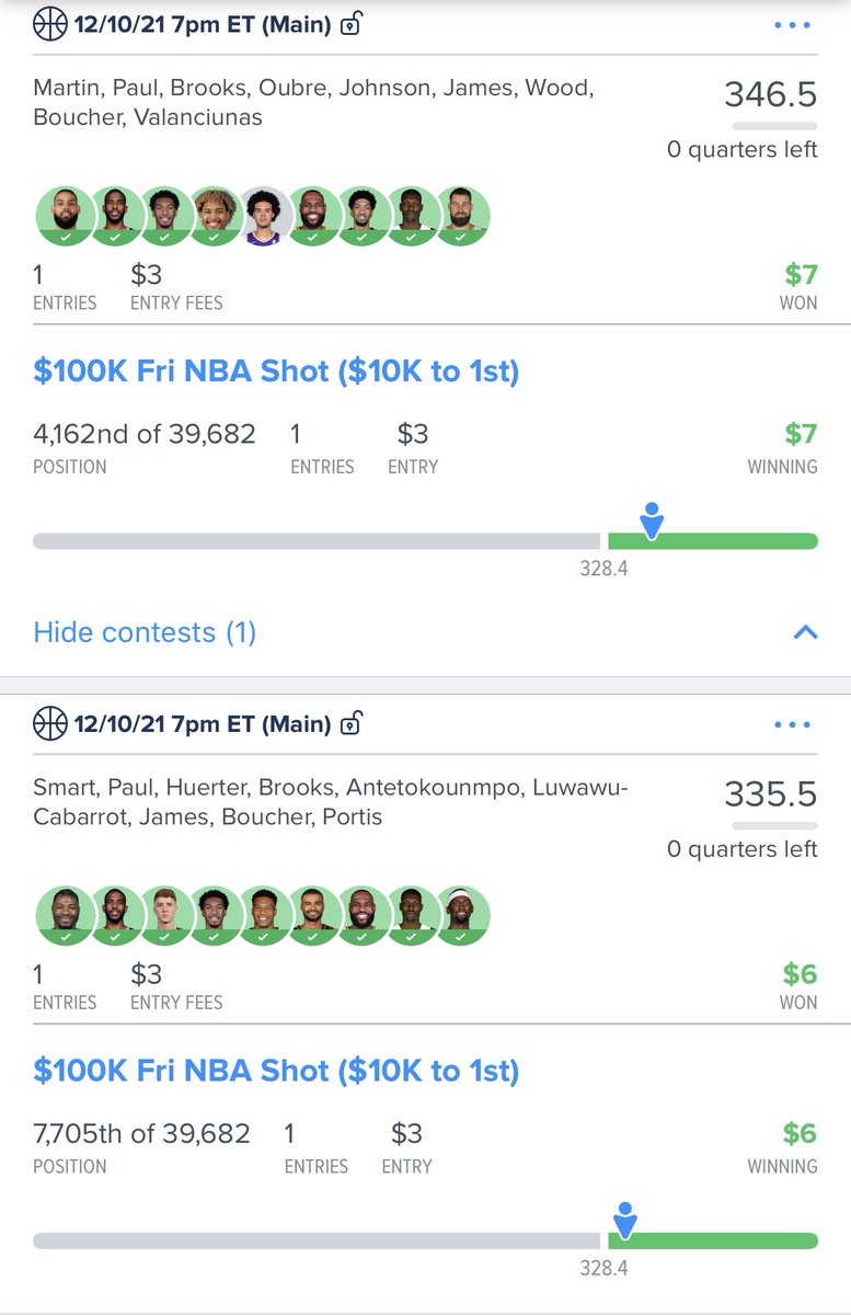 PerfectPicksDFS's tweet image. Another super close call🔥! 94th of 39,682 on the #NBA main slate & 190th of 12,755 on the late slate. Wish we left a late swap spot for J. McGee, cuz it would’ve put us into 1st, but had JoVal instead🤷🏻♂️... Still over a 50% return tonight! Huge #DFS weekend ahead, DM to join us!