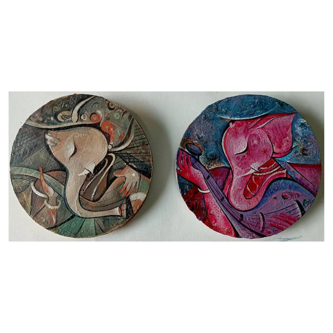 mohank02's tweet photo. Title: Musicians Ganesha, Acrylic on Wood, Each, 08 x 08 x 0.50 in. Year: 2020 https://t.co/ryjxMHlTK4