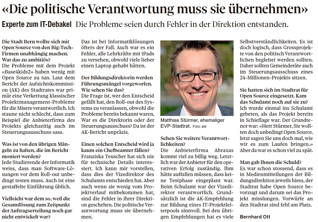 maemst's tweet image. #base4kids2 hätte Leuchtturmprojekt für #OpenSource an Schulen werden können. Stattdessen führten Unprofessionalität des Anbieters (Testphase vergessen...) und fehlende Projekt-Governance zu viel Frust und Kosten. Ich hoffe @Bern_Stadt lernt daraus für künftige Digitalprojekte.