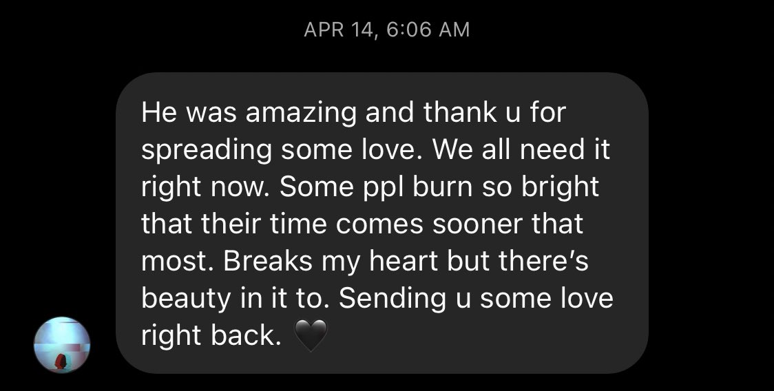 bossolino_'s tweet image. Thinking back on when I messaged Charles about a mutual that passed earlier this year and he sent this back. Now I’m back reading it while we all feel the same things he said. Wish I got the opportunity to meet such a bright light. Rest easy king @ctfbeats 💜