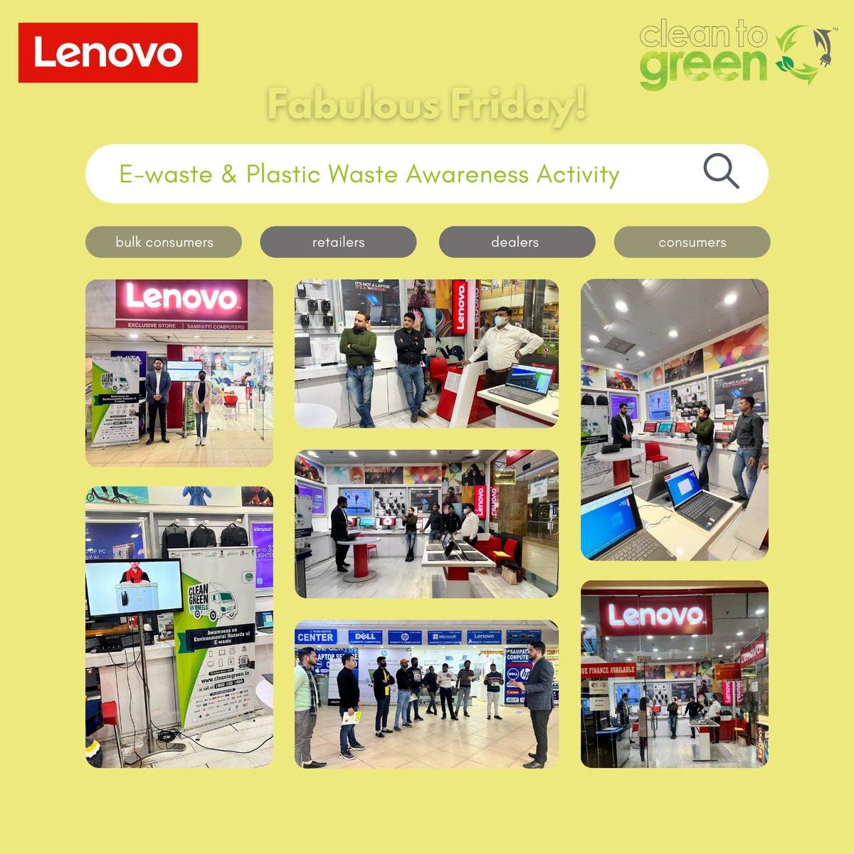CleanToGreen's tweet photo. As a #community of #consumers and #producers we must help each other live better. With our #connectbetter activities, we are reaching out to #dealers #retailers and #bulkconsumers of EEE to spread awareness about ways to tackle e-waste.
@IndiaHaier @Lenovo_in https://t.co/fb77obZqS0