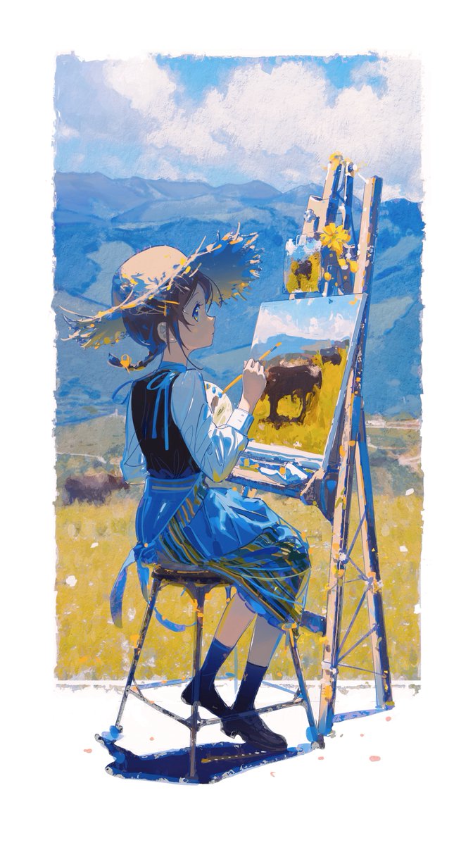 1girl hat solo sitting easel socks shoes  illustration images