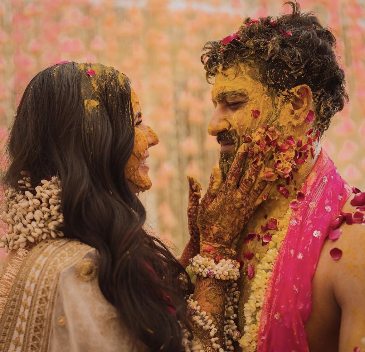 filmfare's tweet photo. Our hearts will explode! 

#KatrinaKaif and #VickyKaushal share pictures from their Haldi ceremony and we’re smitten. https://t.co/82bJxQNP4J
