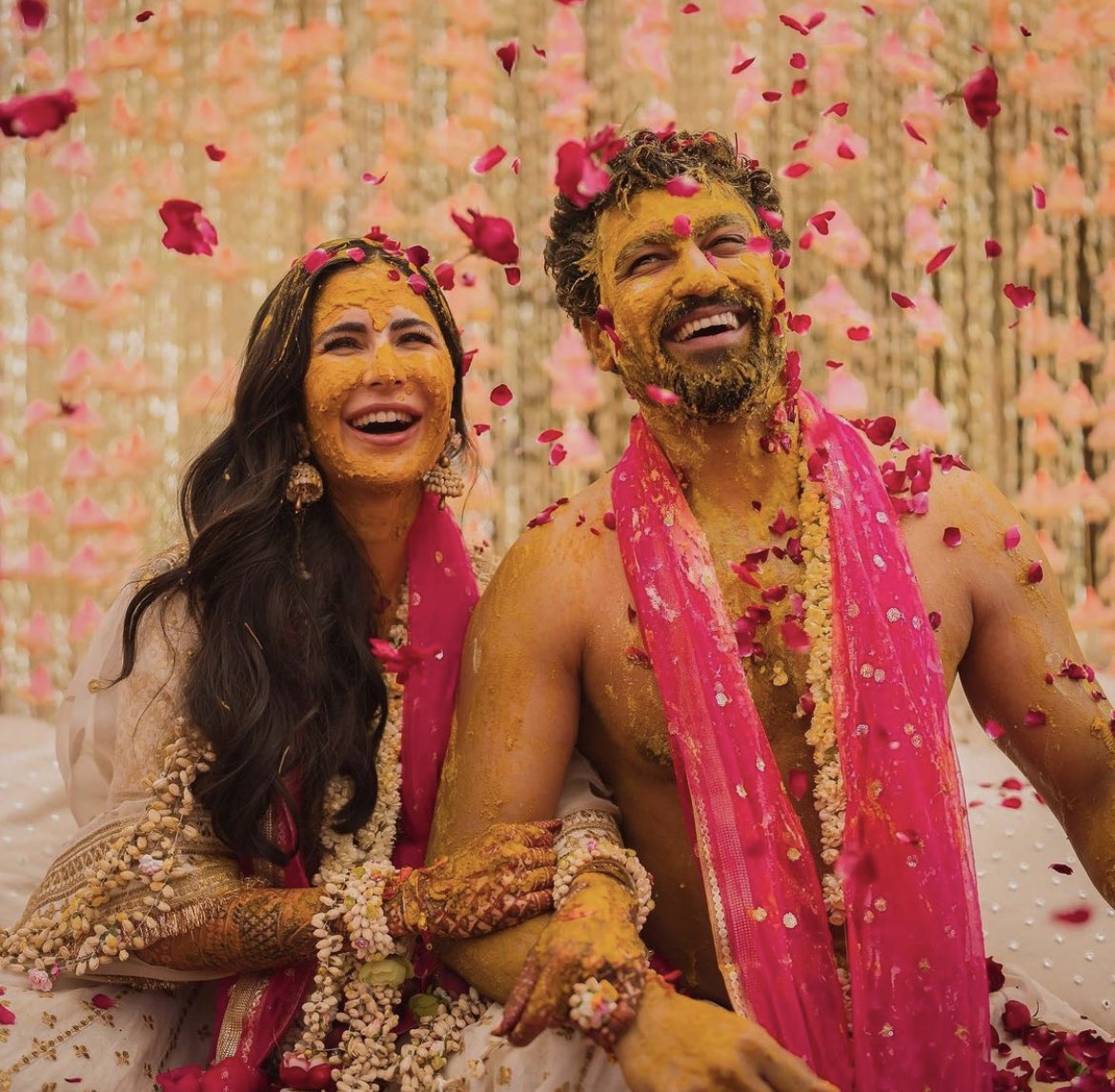 filmfare's tweet photo. Our hearts will explode! 

#KatrinaKaif and #VickyKaushal share pictures from their Haldi ceremony and we’re smitten. https://t.co/82bJxQNP4J