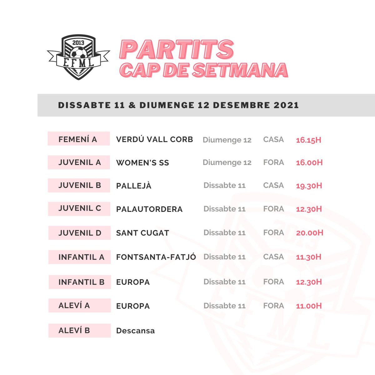 EFMLanzarote's tweet photo. Bon dia!!! 🤙🏼
Després d'una setmana de descans, tornem a la competició 🙌🏼⚽️
Aquests són els partits del cap de setmana: Dissabte 11 i Diumenge 12 de Desembre ⤵️
Som-hi! 💪
#SentimentEFML
#efml #efmanulanzarote https://t.co/wxANLxwEOQ