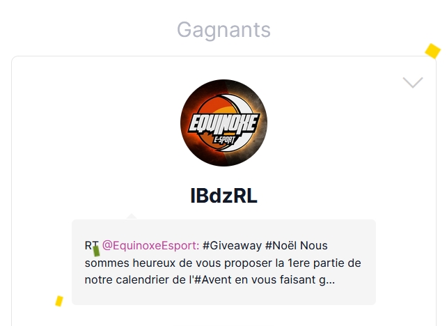 EquinoxeEsport's tweet photo. #Résultat #Giveaway 

Félicitation à @IBdzRL qui remporte une carte cadeau d'une valeur de 20€ sur le store de son choix parmi la liste.

Je te contacte rapidement en DM pour prendre tes informations ! https://t.co/s6LUiydTWh