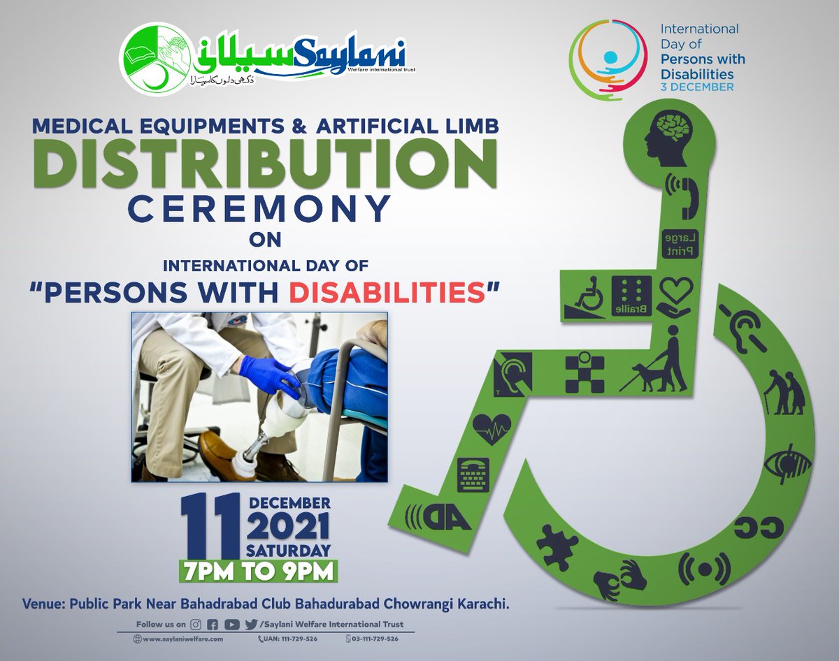 OfficialSwit's tweet photo. Medical Equipment & Artificial Limb
Distribution Ceremony
on
International Day of Persons with Disabilities
11th Dec 2021
Saturday | 7pm - 9pm
Venue: Public Park, Near Bahadurabad Club, Bahadurabad Chowrangi, Karachi.
#InternationalDayofPersonswithDisabilities
#DisableDay https://t.co/eDKVEjdf4Z