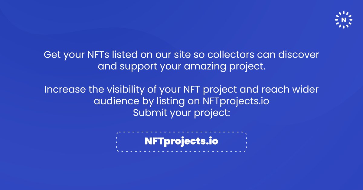 NFTprojects's tweet image. List your NFTs on NFTprojects.io 🔥🔥

Increase the visibility of your NFT project and reach wider audience
NTFprojects.io helps collectors discover and support amazing projects.
Submit your project: 
#NFTs #NFTartists #NFTListing #NFTDrop