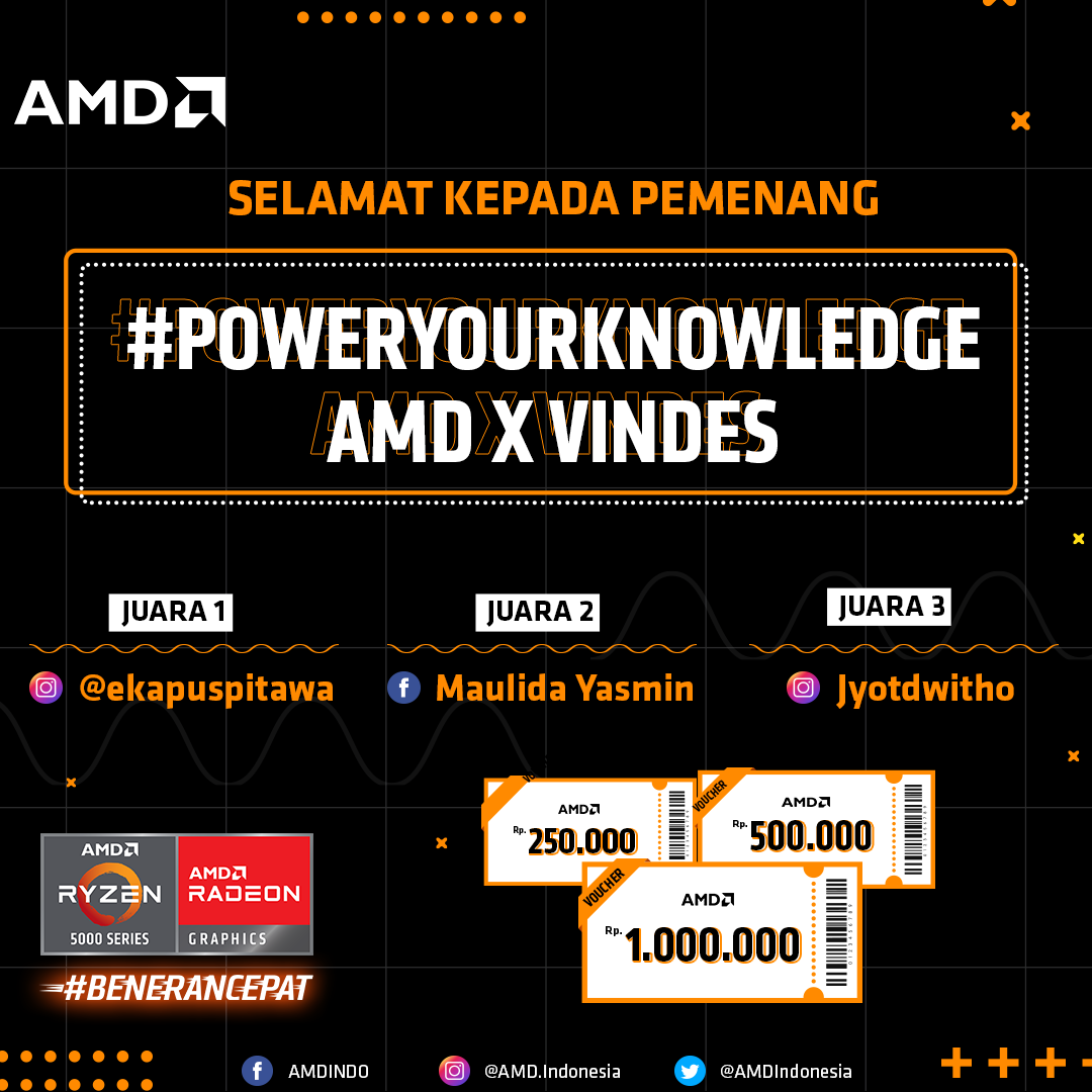 AMDIndonesia's tweet photo. Selamat untuk para pemenang #POWERYOURKNOWLEDGE AMD x VINDES  yang berhasil mendapatkan hadiah shopping voucher, dan puluhan merchandise eksklusif dari AMD! https://t.co/aDS80QzRVD