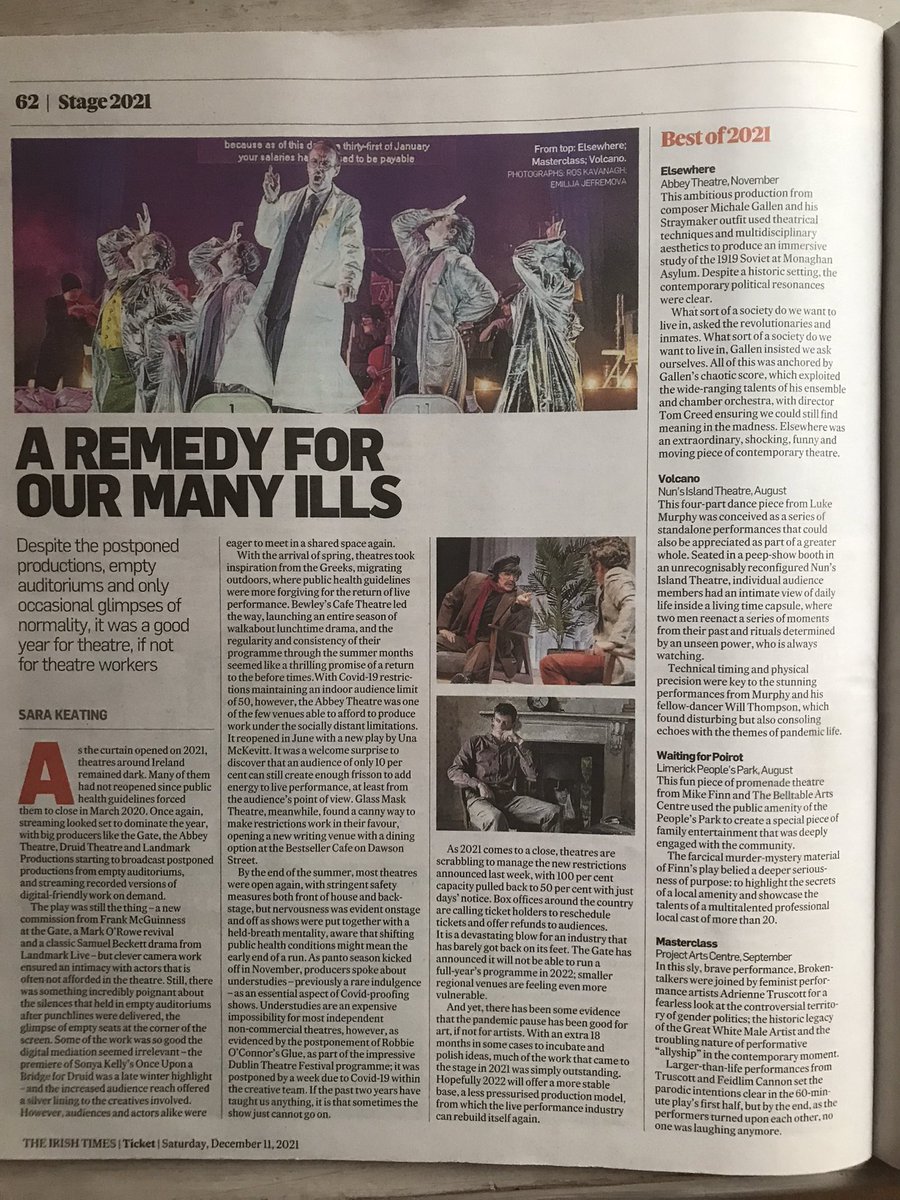 Very proud to see “Elsewhere” included in @sarajkeating’s ‘Best of 2021’ in today’s @IrishTimes. The @stray_maker and @AbbeyTheatre, teams worked so hard to bring the show to life in challenging times - it’s lovely to see the work continue to have such an impact.