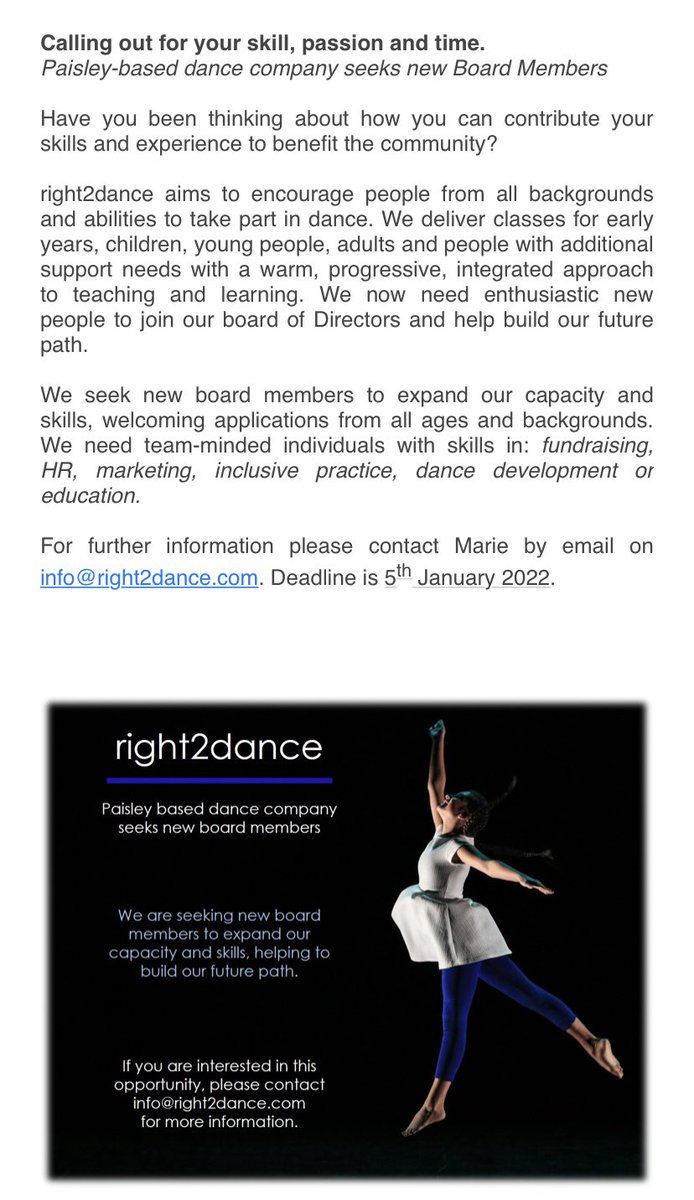 right2dance2020's tweet photo. We’re looking for new Board members! Know anyone who might be interested? Skills in  #fundraising #marketing #HR #education #dancedevelopment https://t.co/yXnXN7BkRV