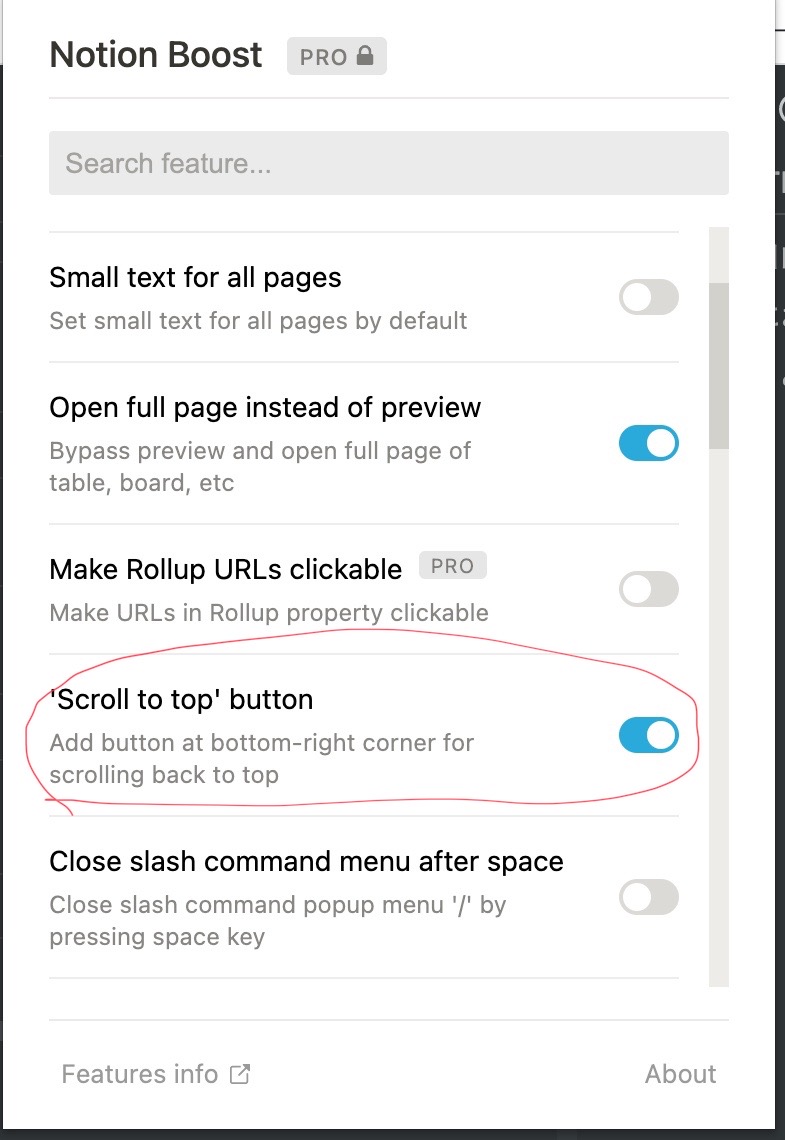 sairagi_20's tweet image. Chrome拡張機能のNotion boostで
Scroll to top buttonを有効にするとページの右下に、クリックすると1番上に移動できる矢印が出てきて地味に便利！
#Notion ＃Notionboost ＃拡張機能
