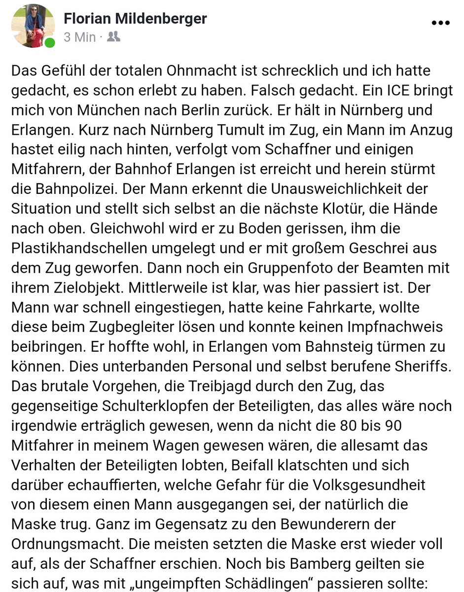 vonGammCom's tweet photo. Mein Freund Prof. Florian Mildenberger, Medizinhistoriker, mußte wieder Zug fahren. Danach hat er mich angerufen. Was er dabei erleben mußte, hat auch mir das Blut in den Adern gefrieren lassen. Ich habe ihm empfohlen das aufzuschreiben und es nicht reinzufressen.

Zeitdokument. https://t.co/jXCxAd1zX5