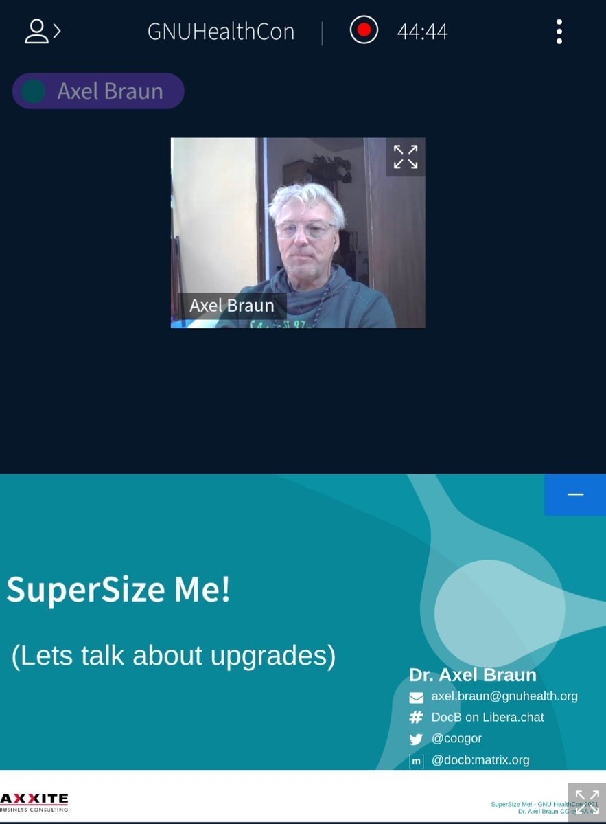 gnusolidario's tweet image. #GHCon2021 Axel Braun about SuperSize Me! Let&apos;s talk about upgrades. Problems, risks and how to do it right #GNUHealth #opensuse