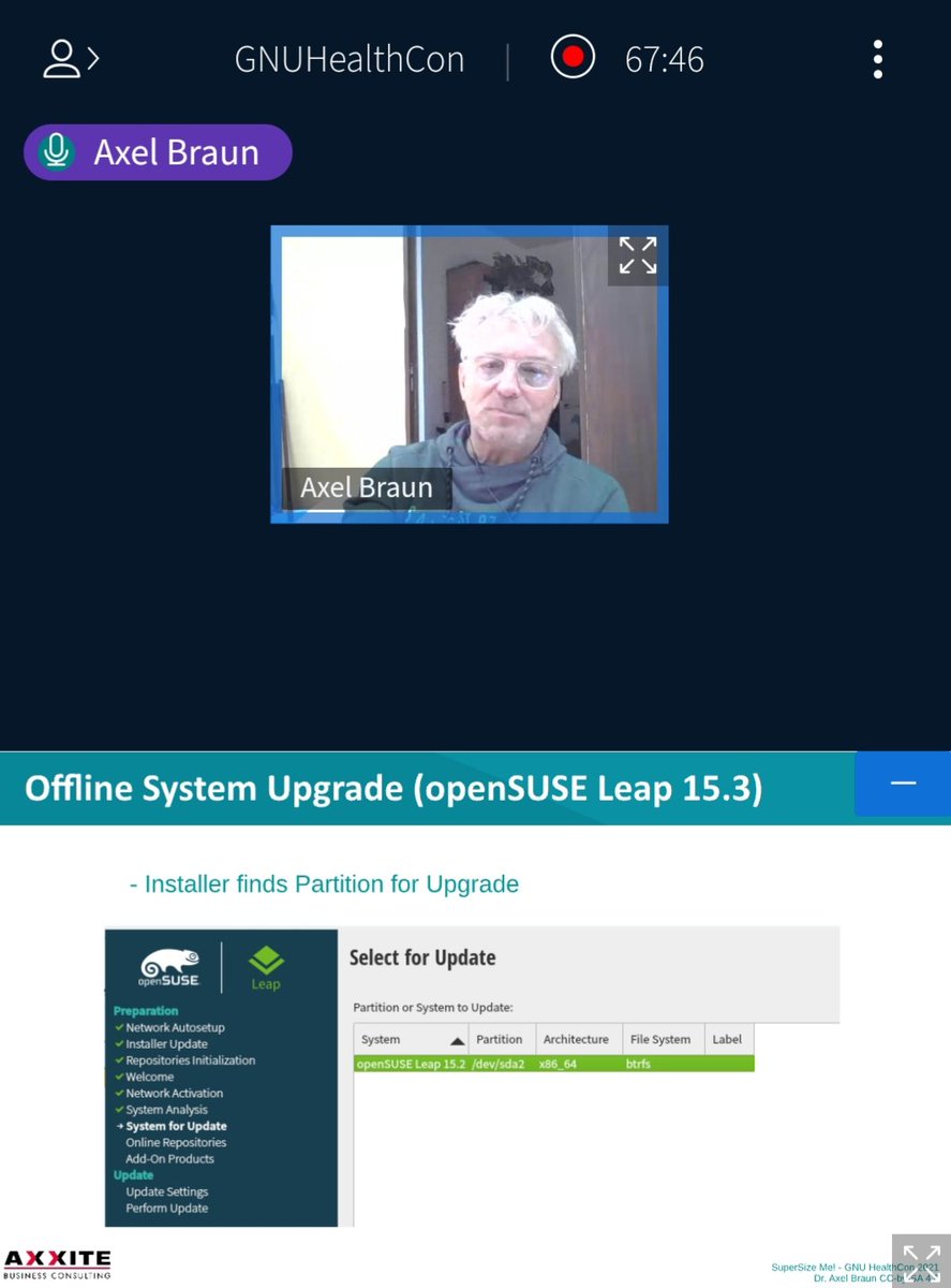gnusolidario's tweet image. #GHCon2021 Axel Braun about SuperSize Me! Let&apos;s talk about upgrades. Problems, risks and how to do it right #GNUHealth #opensuse