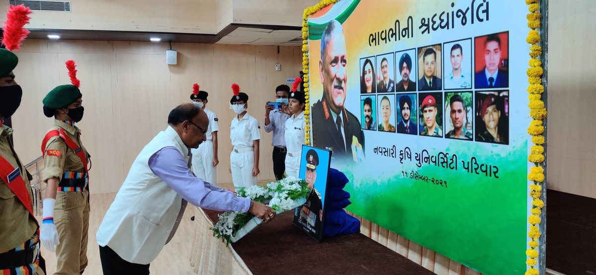 vc_nau's tweet photo. Today NAU, Navsari offered heartful tribute to CDS General Bipin Rawat, his wife Madhulika Rawat and 11 Soldiers died in helicopter accident in Coonnoor (TN). https://t.co/BVyIEeWgER