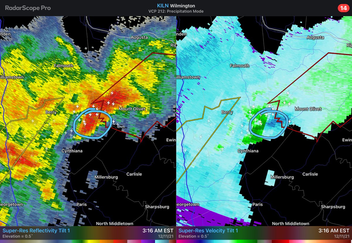 BradyBGWX's tweet photo. As I say this it gets #tornado warned 2 minutes later. Mount Olivet area Seek safe place now! Wake up friends and family in the area! This storm has a past history of producing tornadoes. #kywx https://t.co/QUQ30OyXFM