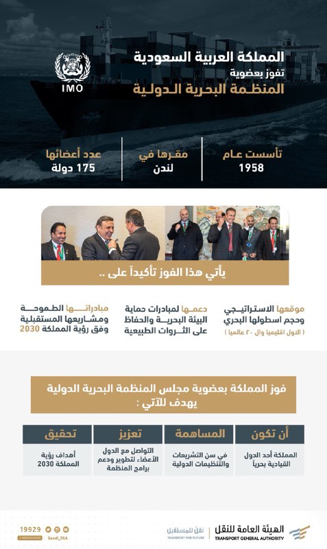 OurKingdomSA's tweet photo. #السعودية تفوز بعضوية مجلس المنظمة البحرية IMO، وذلك لدورها المحوري في صناعة النقل البحري ودعم تطويره، إضافة إلى مبادراتها المتعددة في مجال حماية البيئة البحرية والحفاظ عليها 🇸🇦🛳️

#السعوديه_في_IMO https://t.co/FUJjs3ksmX