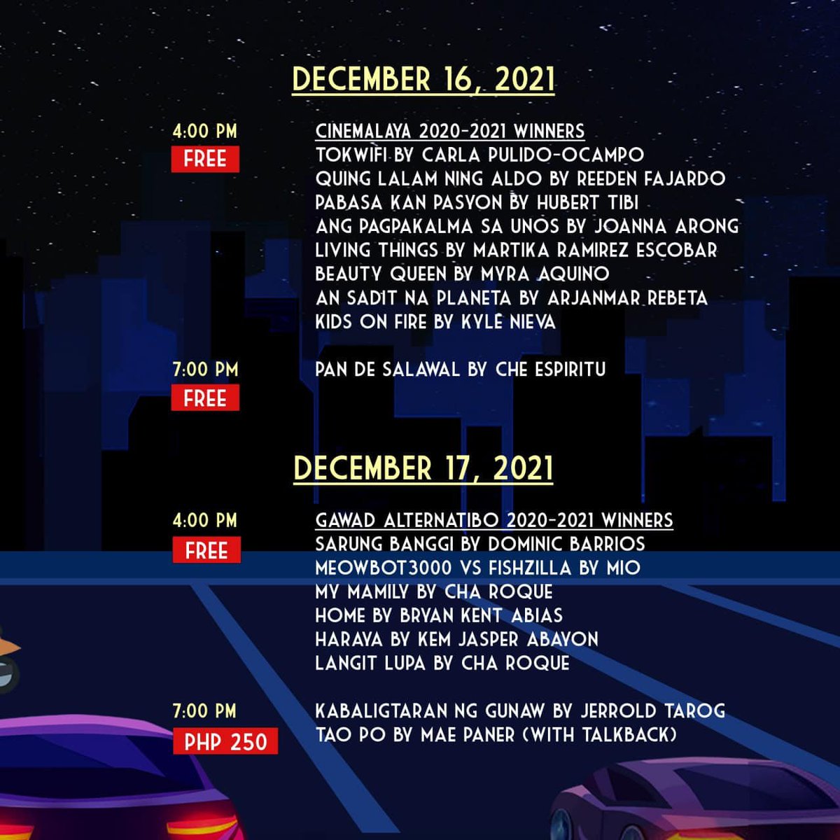 cinefilespod's tweet photo. 1 more week as we continue our celebration of the reopening of the Cultural Center of the Philippines on December 16 and 17 at the Liwasang Ulalim.
Catch these award-winning films from Cinemalaya and Gawad Alternatibo, and films from the CCP collection, under the stars! #CCPCUTS https://t.co/xMzEncJfIt