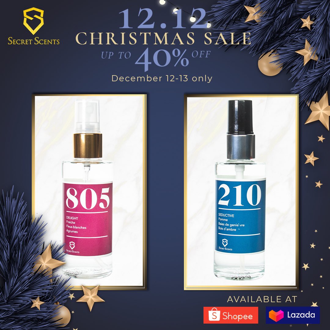 SecretScentsPh's tweet photo. SECRET SCENTS BIGGEST SALE!

12.12 is coming!!
Get up tp 40% discount on all EDT Perfume.

Add to cart now and check out from December 12-13 ONLY!

SHOPEE: https://t.co/Lg6hB4GHnv
LAZADA: https://t.co/mgGMvd4Fau
#PremiumFragrancesWithinYourReach
#SecretScents https://t.co/HaDXBaRzzc