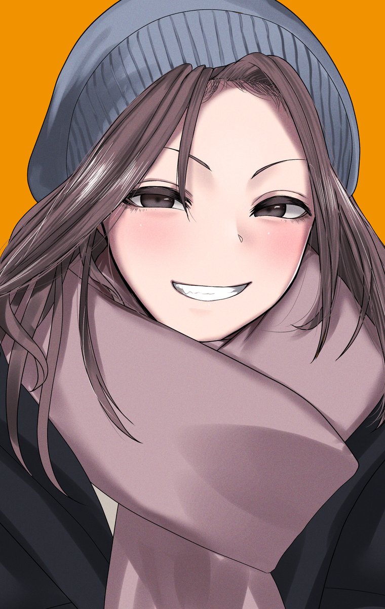 1girl solo smile scarf orange background brown hair looking at viewer  illustration images
