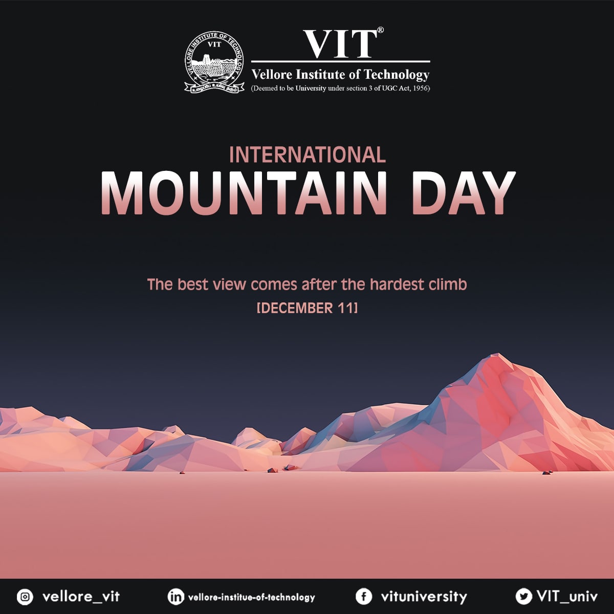 VIT_univ's tweet photo. The #UnitedNations has declared December 11 as โ#InternationalMountainDayโ since 2003. This day is celebrated to raise awareness regarding the importance of mountains to life and to maintain environment sustainability worldwide. #VIT #sustainabletourism #environmentpreservation https://t.co/9dmPWVVMAf