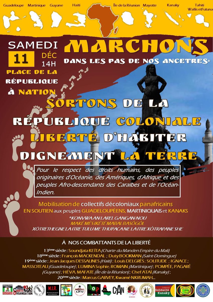 👉🏼 Aujourd’hui à 14h, manifestation anticoloniale en soutien aux peuples guadeloupéens, martiniquais &amp; kanaks ! De République à Nation.