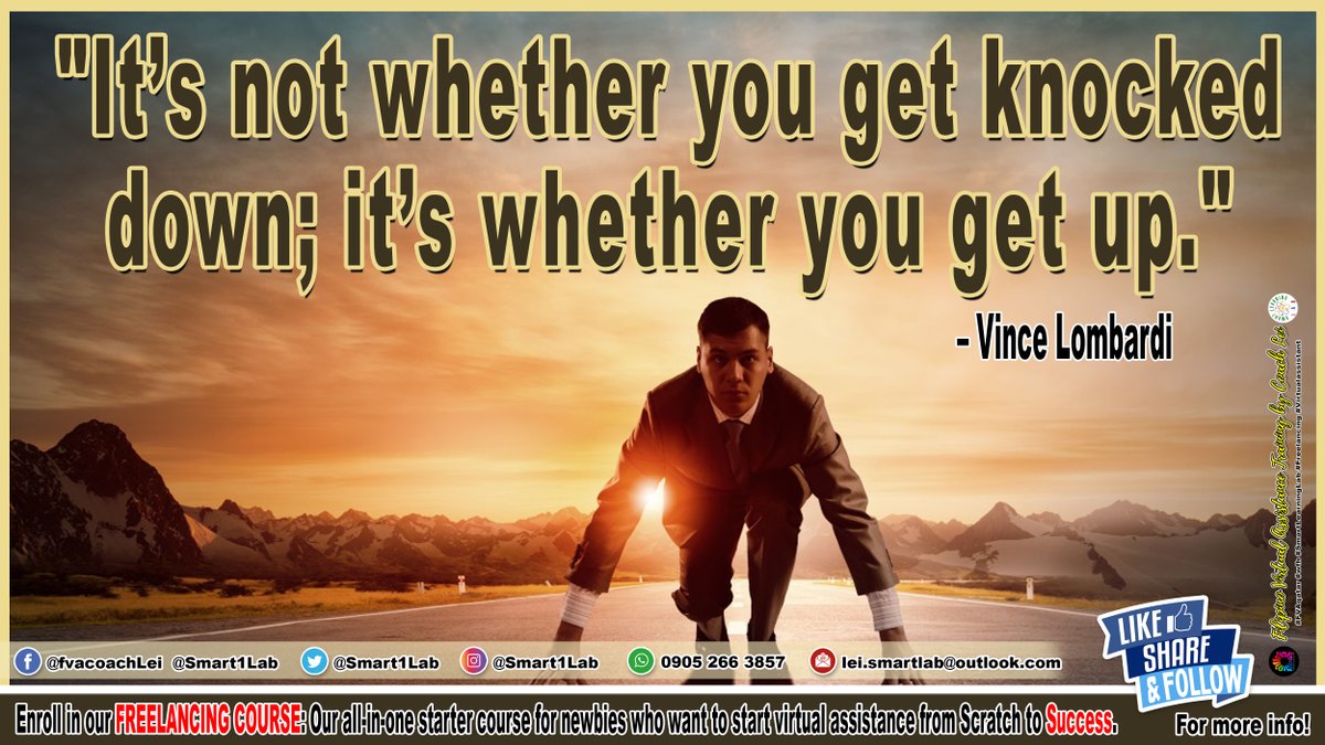 SmartLearninLab's tweet image. "It’s not whether you get knocked down; it’s whether you get up." 
– Vince Lombardi

#DailyReminder    
#FVAQatar  
#Surge   
#SmartLearningLab  
#sarurdayfeels