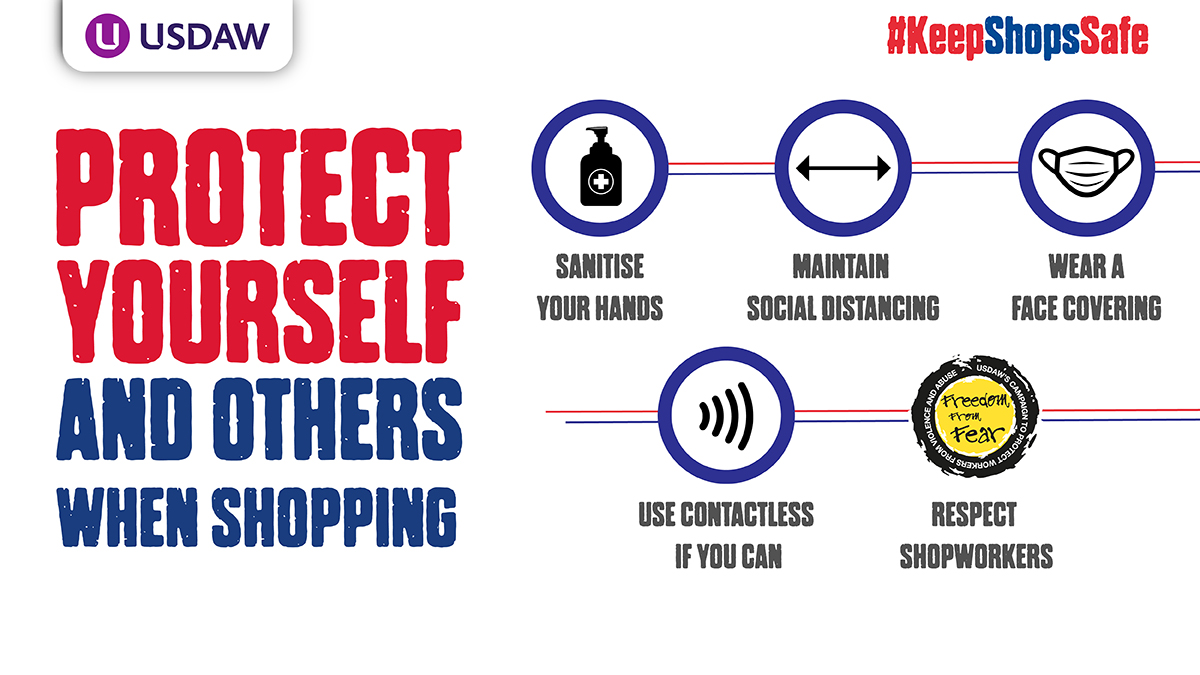 UsdawUnion's tweet photo. #KeepShopsSafe for everyone.

😷 Wear a face covering unless exempt
📏 Follow the social distancing measures
🧴 Wash your hands
🤝 Respect key retail workers https://t.co/XVHdjfbXOH