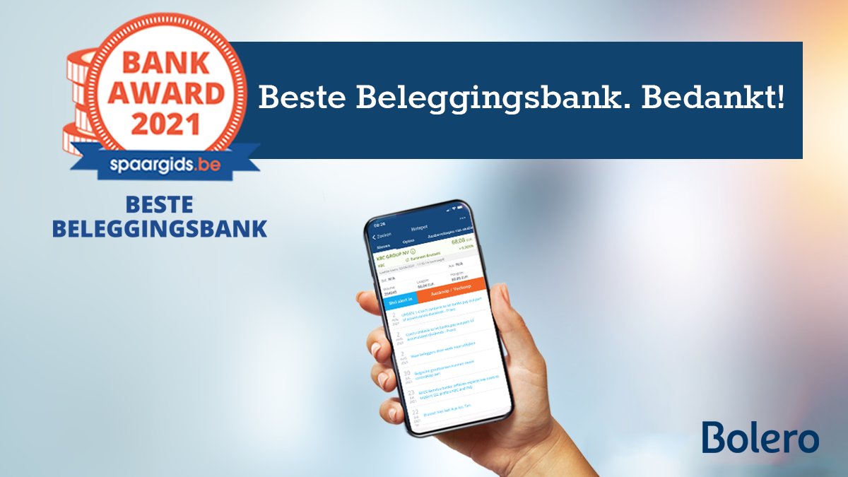Bolero werd door Spaargids.be uitgeroepen tot Beste Beleggingsbank 🙌 Onze collega’s van <a href="/KBC_BE/">KBC Bank&Verzekering</a> mochten dan weer voor het tweede jaar op rij de award van Beste Bank en Beste Digitale Bank in ontvangst nemen! Bedankt voor het vertrouwen! 👉 bolero.be/nl/lp/beste-on…