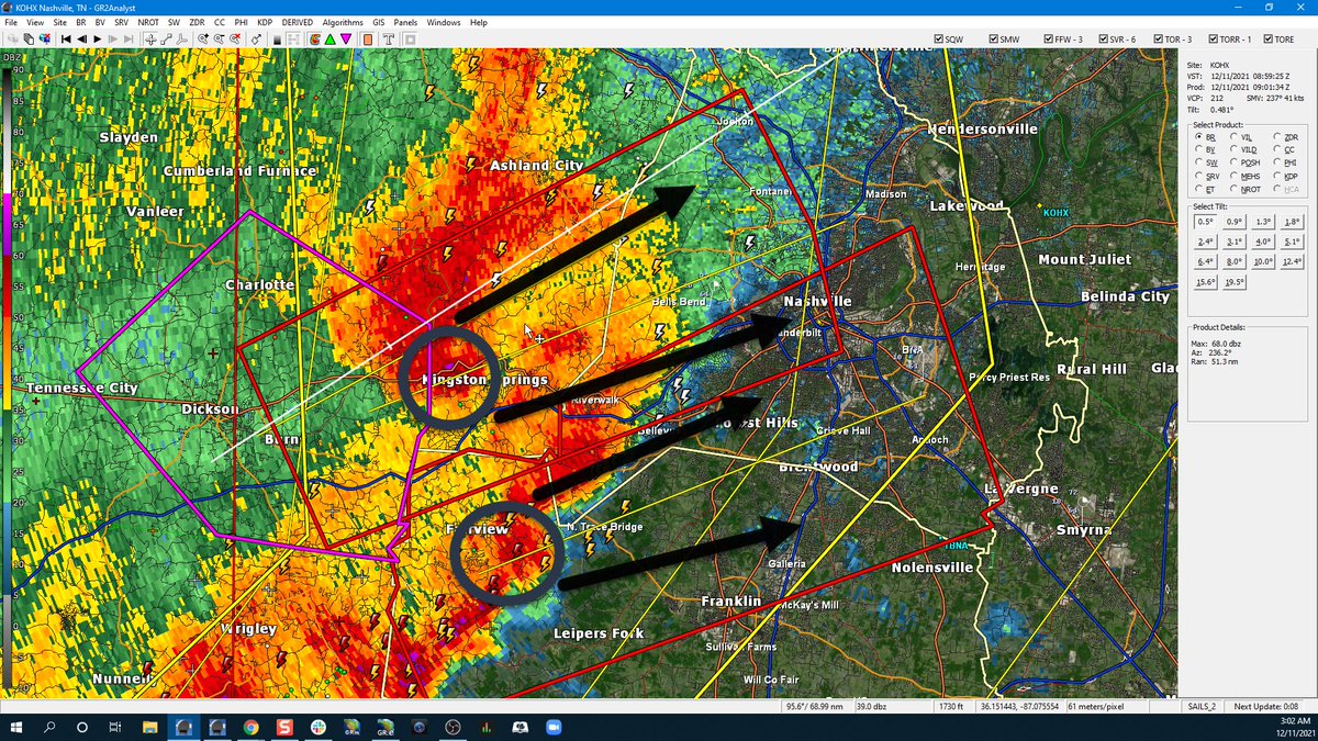 NashSevereWx's tweet photo. Those inside the red polygons -- which is most of you -- immediately take cover. Both concerning. The Nashville tornado warning is particularly concerning, it has a tornado debris signature. / 303 AM https://t.co/CQRaYlIKnb