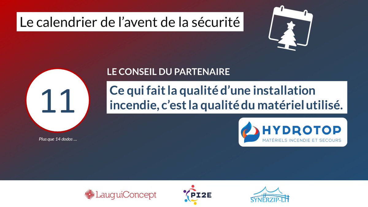 🎅⏳ #Calendrier de l'avent de la #sécurité !

Aujourd'hui, c'est le conseil du partenaire 👉 <a href="/Hydrotop1/">Hydrotop</a> 

1️⃣1️⃣ Ce qui fait la qualité d'une installation incendie, c'est la qualité du matériel utilisé.

🚀 Ensemble, développons la #CultureSécurité 🚀