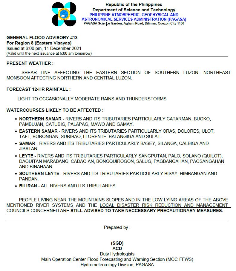 dost_pagasa's tweet photo. General Flood Advisories (GFAs)
Issued @ 6PM, 11 December 2021
Region 4A (CALABARZON) #GFA1
Region 5 (Bicol Region) #GFA2
Region 8 (Eastern Visayas) #GFA13 https://t.co/RV98ZUudG3