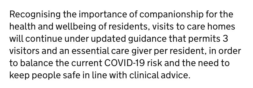 Sad to see the guidance limiting numbers of visitors to residents in care homes -and that more guidance is issued about such critical issues without consultation with people drawing on or working in care. Places more stress on our teams and families #carehomes <a href="/JohnCampaign/">John's Campaign</a>