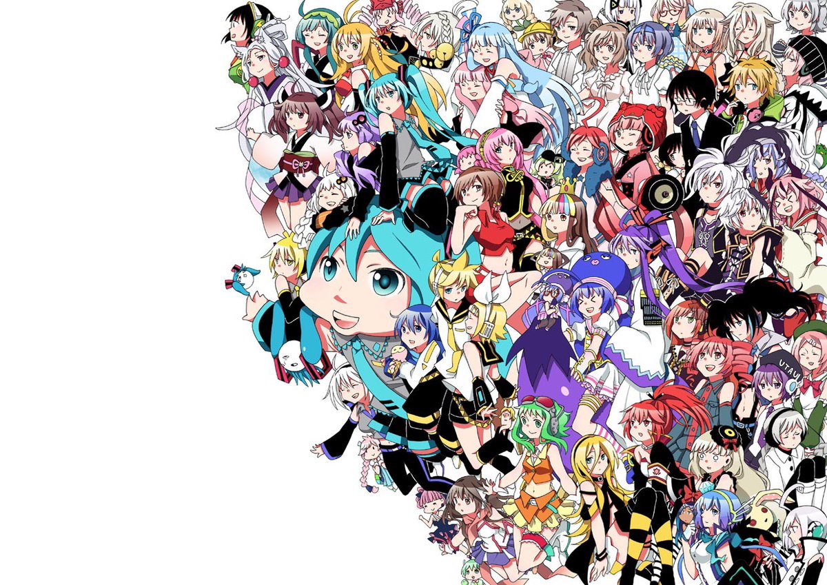 akita neru ,gumi ,hatsune miku ,ia (vocaloid) ,kagamine len ,kagamine rin ,kaito (vocaloid) ,kamui gakupo ,kasane teto ,megurine luka ,meiko (vocaloid) ,sf-a2 miki ,yuzuki yukari everyone multiple girls 6+girls multiple boys aqua hair long hair skirt  illustration images