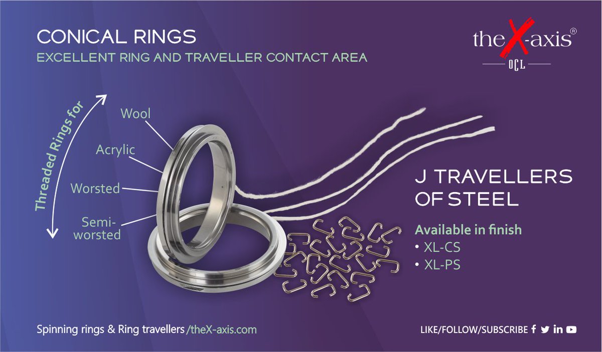 thexaxisindia's tweet photo. Spinning Mills that are into manufacturing #yarn from high-end fibres like wool, acrylic, worsted and semi-worsted, can benefit from #TheXAxis #Conicalrings and J type #RingTravellers

Enquire here: https://t.co/IaaAgyvwXs

#TheXAxisIndia #JTypeRingTravellers #textileindustry https://t.co/J5KXnN7I9B