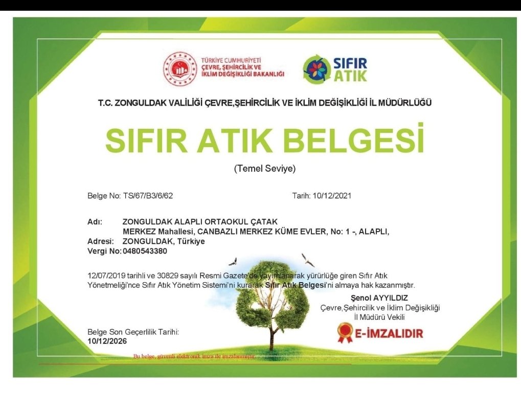 Okulumuz, Sıfır Atık Projesi kapsamında yürüttüğü çalışmalar neticesinde Çevre ve Şehircilik İl Müdürlüğü ve Zonguldak Valiliği tarafından "Sıfır Atık Belgesi" almaya hak kazanmıştır.
@il_milli <a href="/sifiratikgov/">Sıfır Atık Türkiye</a> <a href="/zuleyhaaldogan/">Züleyha Aldoğan</a>  <a href="/cevatcevik67/">Cevat Çevik</a> @AbdulvehapDEMR1  <a href="/turansezgin67/">Sezgin Turan</a>