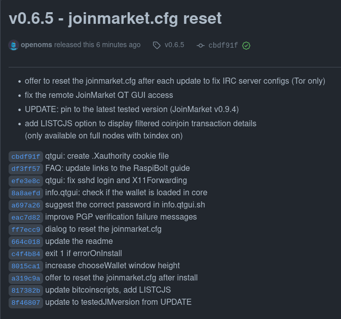 openoms's tweet photo. New release of #JoininBox: v0.6.5
https://t.co/uJHdnCqZhF
Update from the menu as usual.
* reset the joinmarket.cfg after updates (or use the CONFIG menu) to have the latest Tor-only IRC configs
* improve the QT GUI access
* pin the JoinMarket update to the latest tested version https://t.co/8yhZnrF11F
