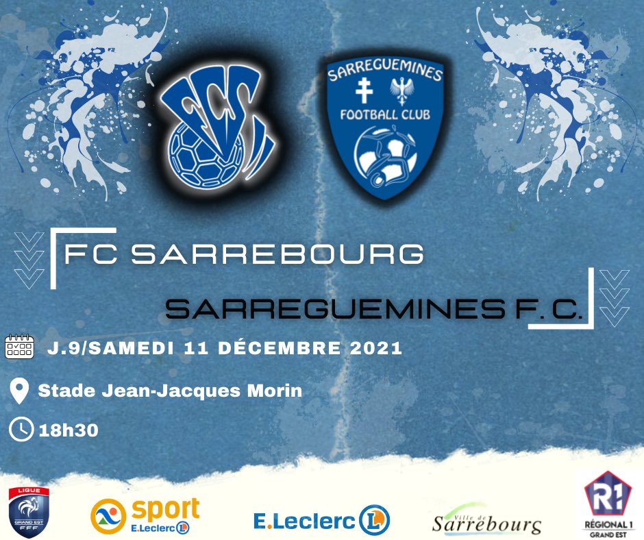 FCSarrebourg's tweet photo. [ Journée 9 - Régional 1 ⚽️]

🚨Match en retard 🚨

🆚 @SarregueminesFC 
⏱18h30
📆Samedi 11 décembre 
🏟Stade Jean-Jacques Morin
⚠️ Présentation du Pass sanitaire⚠️

En avant le FC ! 🔵⚪️ https://t.co/JBh231NgSv